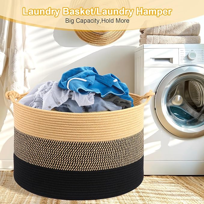 Laundry Basket,20''x13''Woven Cotton Rope Laundry Hamper,Blanket Basket for Living Room;Toy Storage Basket for Organizing;Baby basket;Nursery Hamper,Clothes Hamper for kids(Yellow/Black)