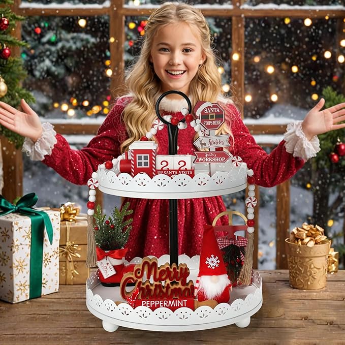 Christmas Tiered Tray Decor Set, 8 PCS Christmas Decorations for Home, Wooden Signs Farmhouse Table Centerpieces Winter Decorations for Shelf Mantel Fire Place Office Desk Kitchen Bedroom