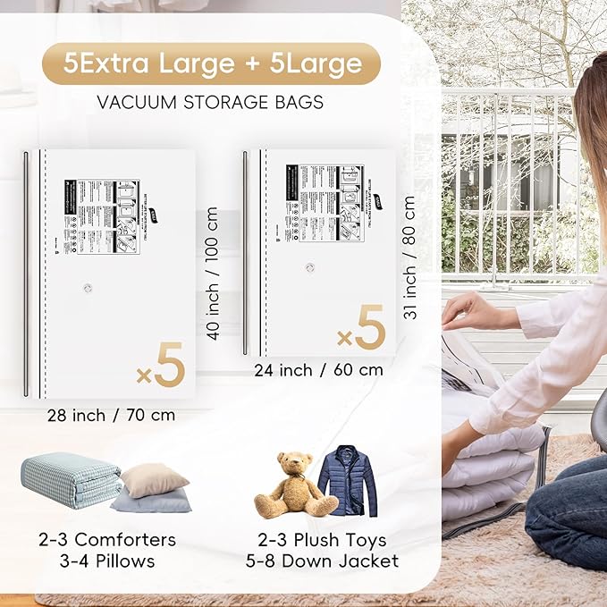 TAILI 10 Pack Vacuum Storage Bags, LONG SIDE ZIP (5 Large+5 Jumbo), Multi-Size Space Saver for Bedding, Blankets, Pillows, Clothes, Vacuum Seal Bags for Clothing Ideal Under Bed Storage Solution,