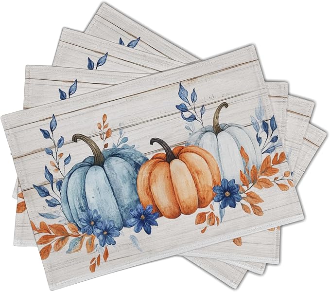 Fall Placemats 12×18 Inches Set of 4 Blue Orange Pumpkin Thanksgiving Festival Indoor Kitchen Dining Table Place Mats for Home Party Decoration