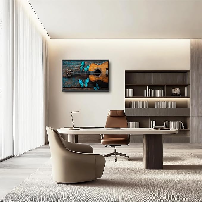 Olivine Music Wall Art, Guitar Pictures Wall Decor, Butterfly Painting, Vintage Musical Instruments Canvas Prints, Framed Artwork for Bathroom Bedroom Living Room Office Home Decoration 36"x24"