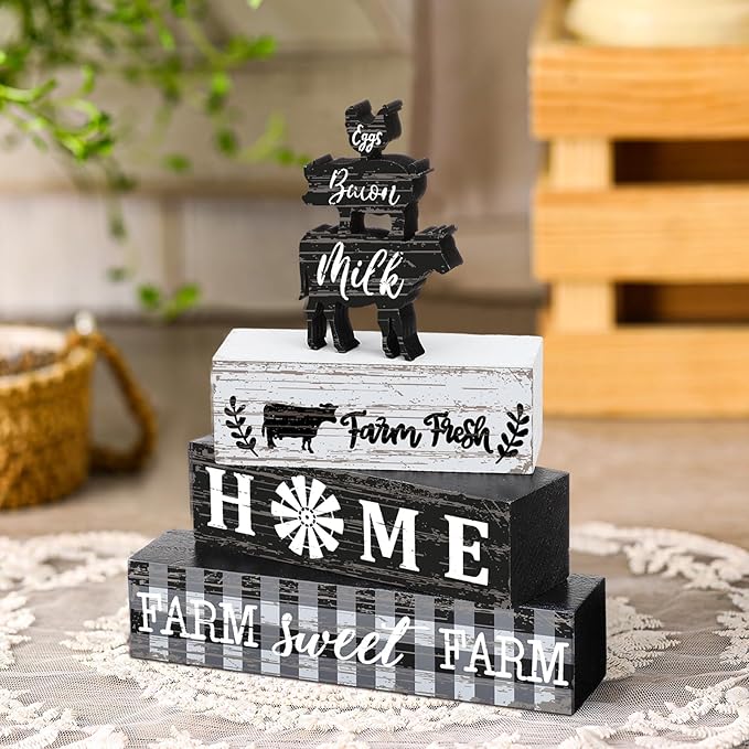 Geelin 4 Pcs Farmhouse Kitchen Signs Cow Rooster and Pig Decors Rustic Wooden Signs Country Table Centerpiece Tiered Tray Decor Table Top Sign for Home Kitchen
