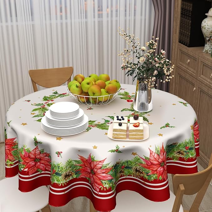 Kawani Christmas Round Tablecloth 60 Inch Holiday Tablecloth Decor Winter Merry Christmas Table Cloth Polyester Fabric Washable Xmas Table Cover for Kitchen Dining Room Outside Decoration