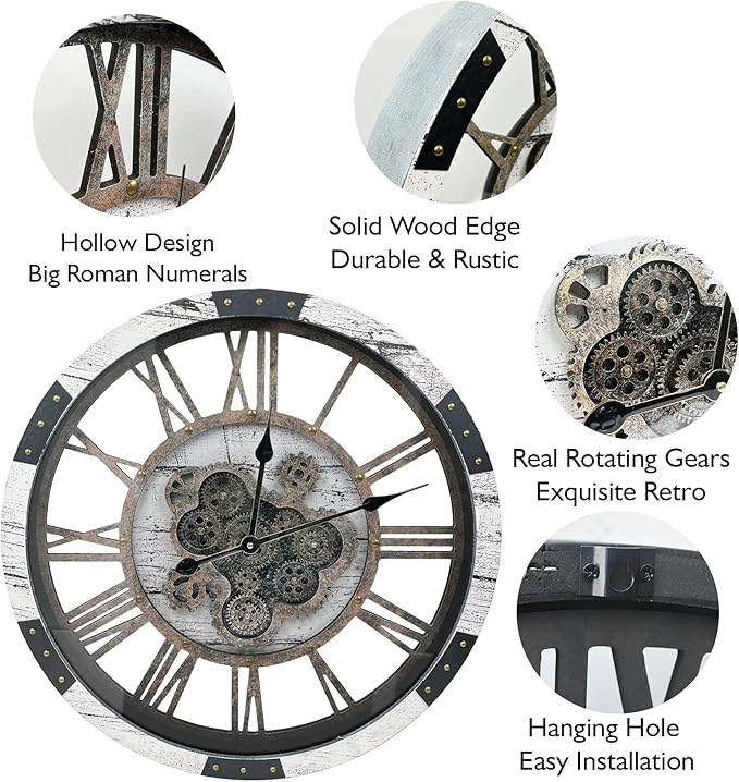 DORBOKER 24" Large Wall Clock with Moving Gears,Oversize Vintage Industrial Rustic Farmhouse Clocks for Living Room Decor Office Home,Solid Wood HD Tempered Glass Cover,White Grey