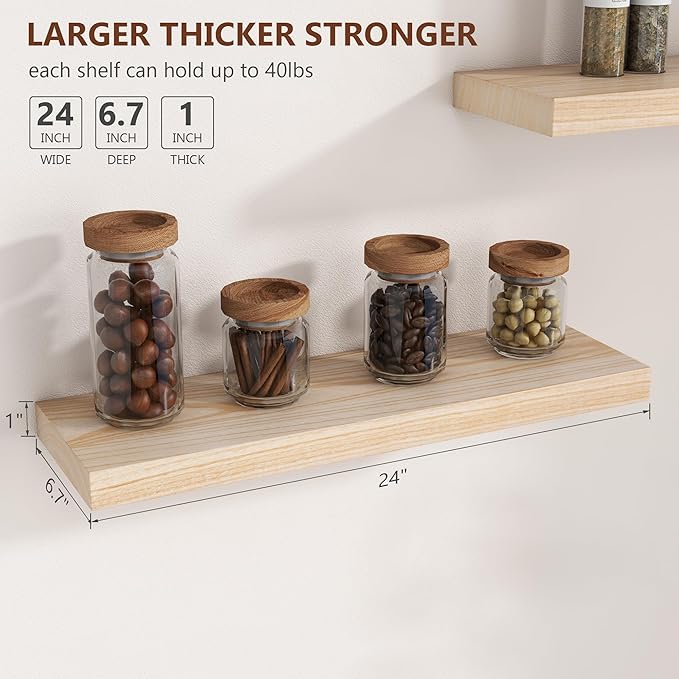 fuqing Natural Wood Floating Shelves for Wall - 24 Inch Wood Shelves Set of 2 - Natural Wooden Wall Shelves for Living Room Bedroom Home Office