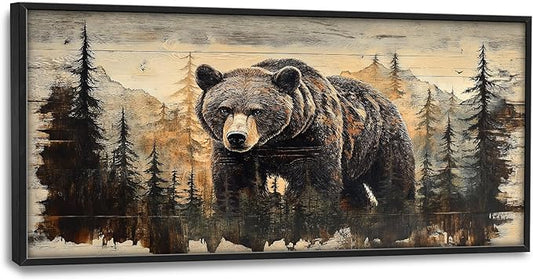 Cabin Wall Art for Living Room, Brown Bear Canvas Wall Decor, Large Wildlife Animal Pictures Framed Painting, Natural Landscape Artwork for Bedroom Office Home Decor 60L'' × 30W''