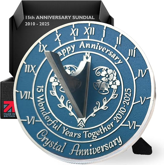 Anniversary Sundial Gift for 15th Crystal Wedding Anniversary in 2025 - Recycled Metal Home Decor Or Garden Present Idea - Handmade in UK for Him, Her Parents Or Couples 15 Year Celebration