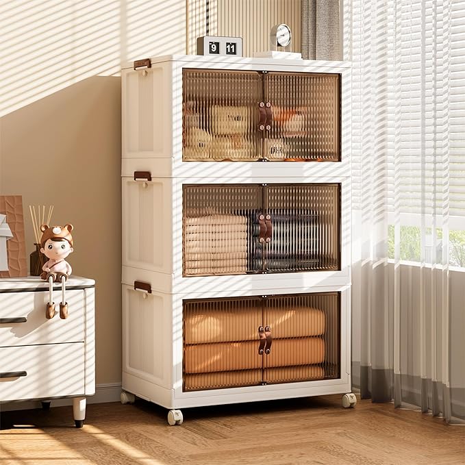 Jalove 88QT Plastic Storage Bins with lids, Stackable Collapsible Storage Containers with Wheels, Closet Organizer and Storage Drawers, Clothes Storage Cabinet for Home Office Garage, 3 Pack White