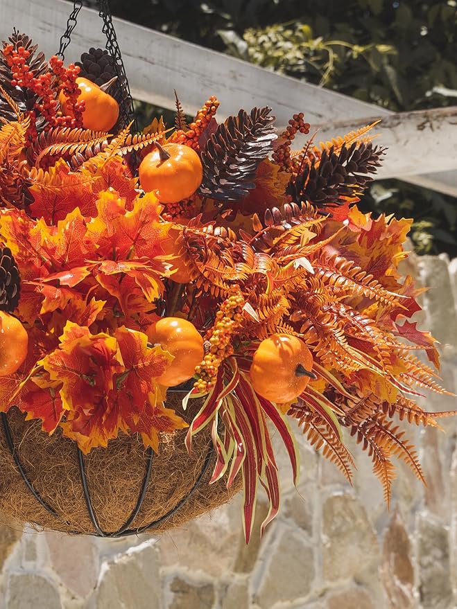 13pcs Outdoor Artificial Maple Leaf Pumpkin Branch with Berry and Maple Leave for Indoor Outside Hanging Plants Garden Porch Window Box Home Wedding Farmhouse Décor