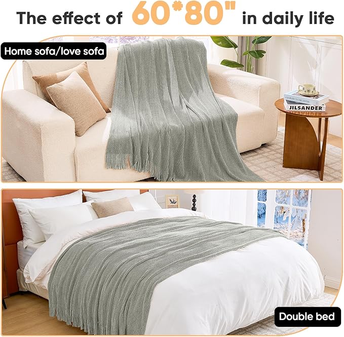 inhand Knitted Throw Blanket for Couch Bed,Chunky Chenille Woven Soft Blankets with Tassels, Cozy Boho Farmhouse Fall Winter Decor,Warm for Women,60"x80",Extra Thick-Light Grey