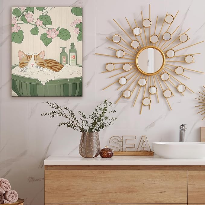 FITIE Funny Orange Tabby Cat Bathroom Canvas Wall Art Poster, Vintage Japanese Aesthetic Floral Cat Framed Artwork Prints Wall Decor for Bathroom Half Bath Washroom, 11x14 Inch