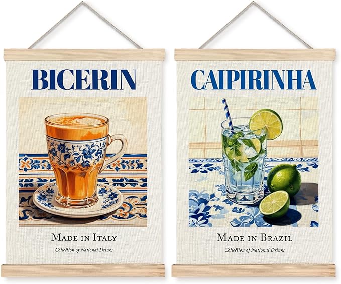 Yomisex Italy Bicerin Brazil Caipirinha Wall Art Poster, Traditional Italian and Brazilian Beverage on Maiolica Tiles Canvas Prints Wall Art Framed for Kitchen Bar Decor, 12x16 Inch Set of 2