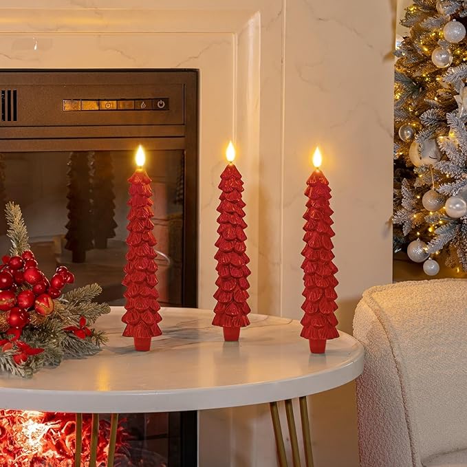 Homemory 3 Pcs Christmas Tree Candles with Remote, Waxy Flameless Taper Candles Flickering, Red LED Candlesticks Battery Operated for New Year Celebration Holiday Decorations 9.7 Inches