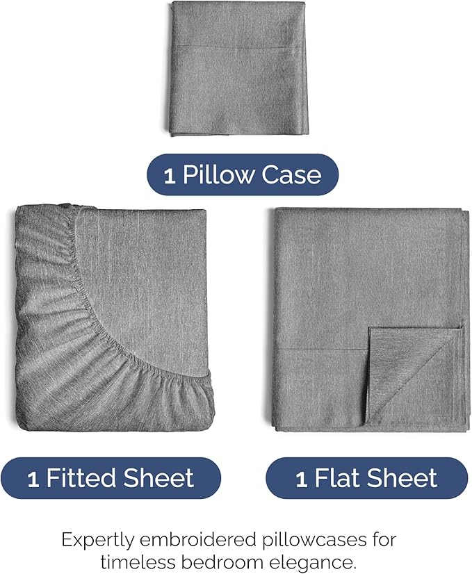 Twin XL Size 3 Piece Sheet Set - Comfy Breathable & Cooling Bed Sheets Set - Hotel Luxury Bedding for Women, Men, Kids, Teens, Boys & Girls - Deep Pockets and Wrinkle Free - Grey (Heathered Sheets)