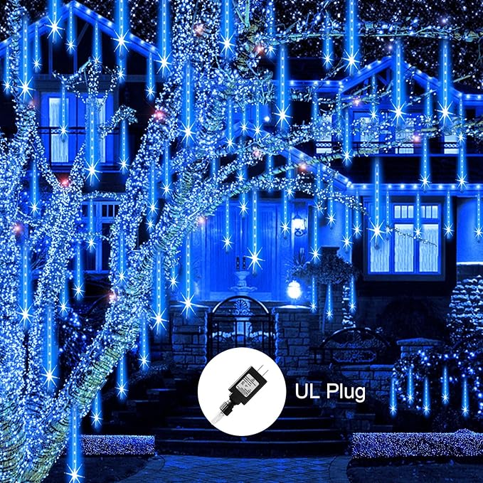 Aukora Christmas Lights Outdoor，LED Meteor Shower Lights 11.8 inch 8 Tubes 192leds Rain Drop Light, Icicle Snow Falling Light for Christmas Tree Halloween Party Holiday Thanksgiving Decoration(Blue)