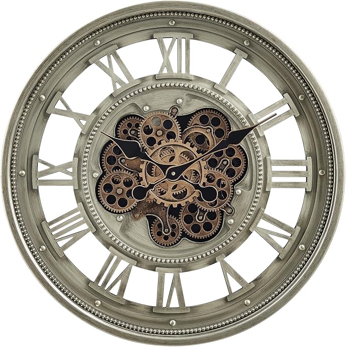 CLXEAST 24 Inch Wall Clock with Moving Gears, Oversized Large Roman Numeral Wall Clocks for Living Room Decor,Antique Champagne Finish,House Warming Gifts New Home
