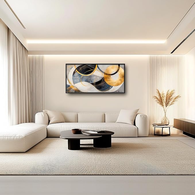 Large Abstract Wall Art for Living Room, Oversized Abstract Circle Wall Decor, Black and Golden Abstract Canvas Painting Modern Artwork Home Decoration for Living Room Bedroom Office Framed 60"x30"
