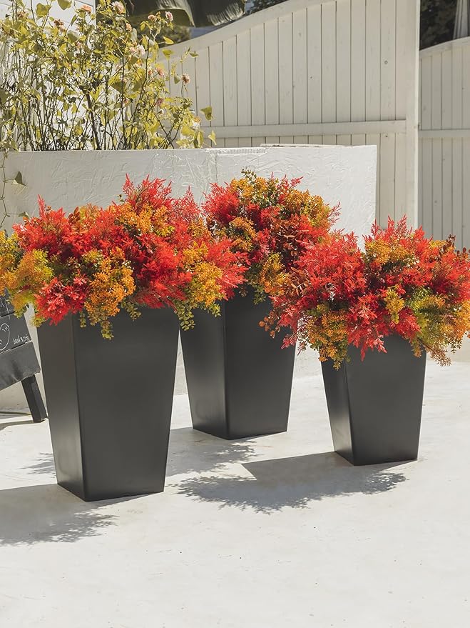 12Pcs Artificial Fall Flowers for Outdoor Decoration UV Resistant Fake Plastic Plants Faux Cedar Seaweed Eucalyptus for Autumn Full Indoor Garden Patio Fireplace Window Box Kitchen Home Decor