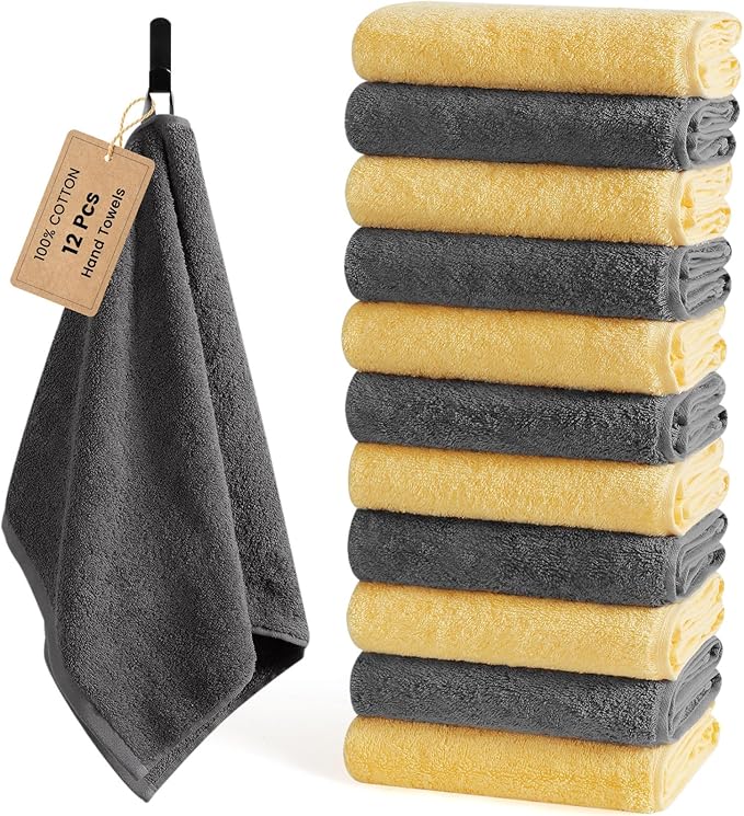 SEMAXE 12 Pack Hand Towels for Bathroom, 100% Cotton Towels with Hanging Loops, Soft and Highly Absorbent,Hand Towel Set for Gym, Shower, Hotel, Spa and Kitchen, Grey+Yellow