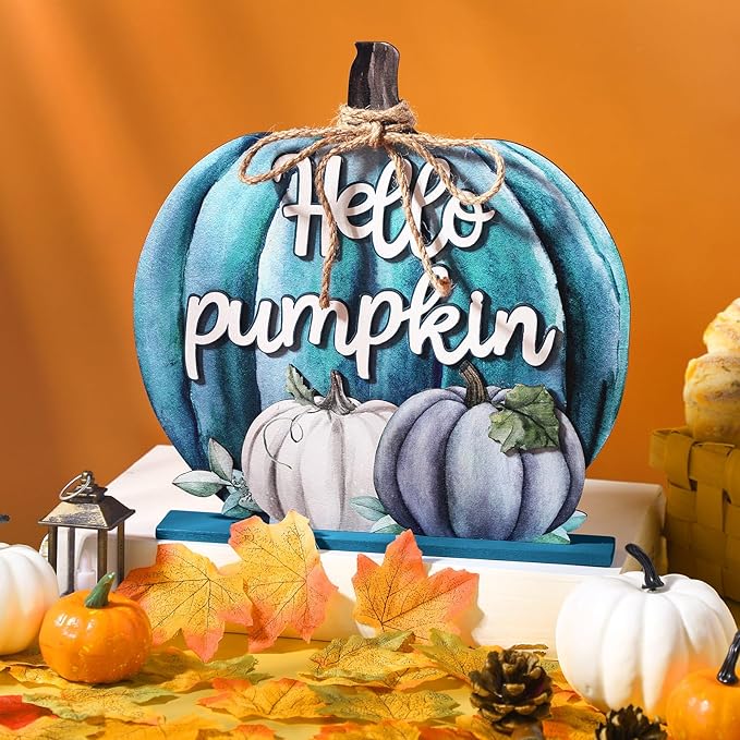 Soaoo Fall Decoration Wooden Fall Hello Pumpkin Sign Autumn Pumpkin Table Decor 11 Inch Wooden Autumn Desktop Ornament for Farmhouse Home Living Room Harvest Day Thanksgiving Decor(Blue)