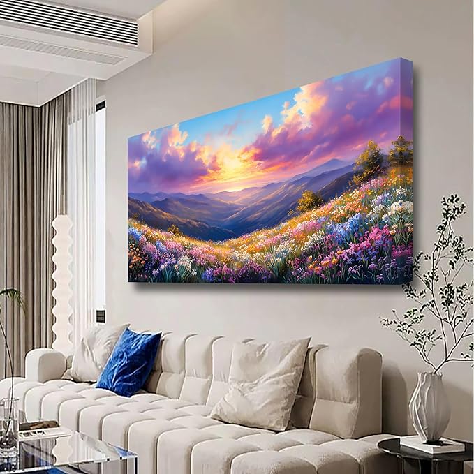 Purple Oil Painting Landscape Wall Art Bedroom Wall Decor Living Room,Purple Abstract Clouds Canvas Wall Art Office Artwork Modern Colorful Flowers Mountain Scenery Wall Art Prints Pictures 20 * 40in