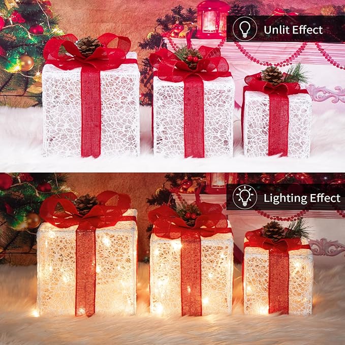 Christmas Lighted Gift Boxes with Lace Cloth, Pre-lit Lights Gift Boxes Set of 3, Light up Present Boxes Set Battery Operated with Different Sizes for Holiday Indoor Outdoor Decorations