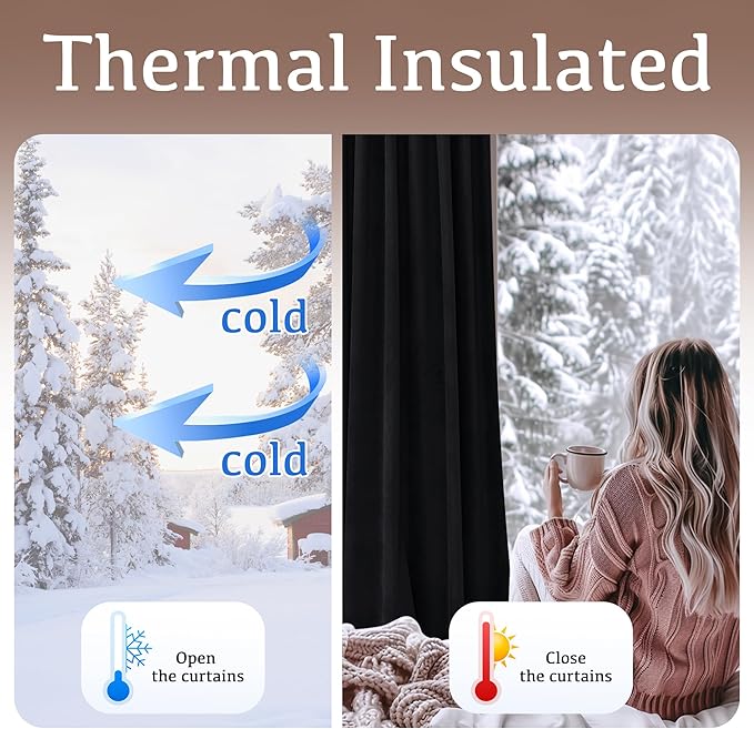 StangH Black Velvet Curtains 96 inches Long Blackout Curtains Thermal Insulated Patio Door Drapes, Noise Buffer Privacy Assured Panels for Living Room/Bedroom, W52 x L96, 2 Panels