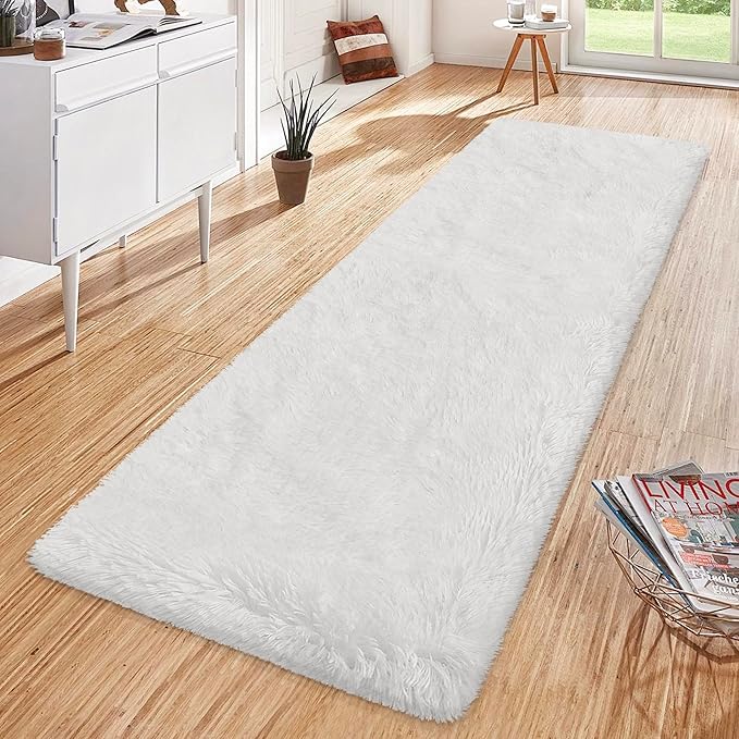 Runner Rug for Bedroom White 2x6ft Fluffy Area Rug Bedside Runner Rug for Kids Room Boys Teens Nursery Baby Living Room Dorm Home Decor Carpets