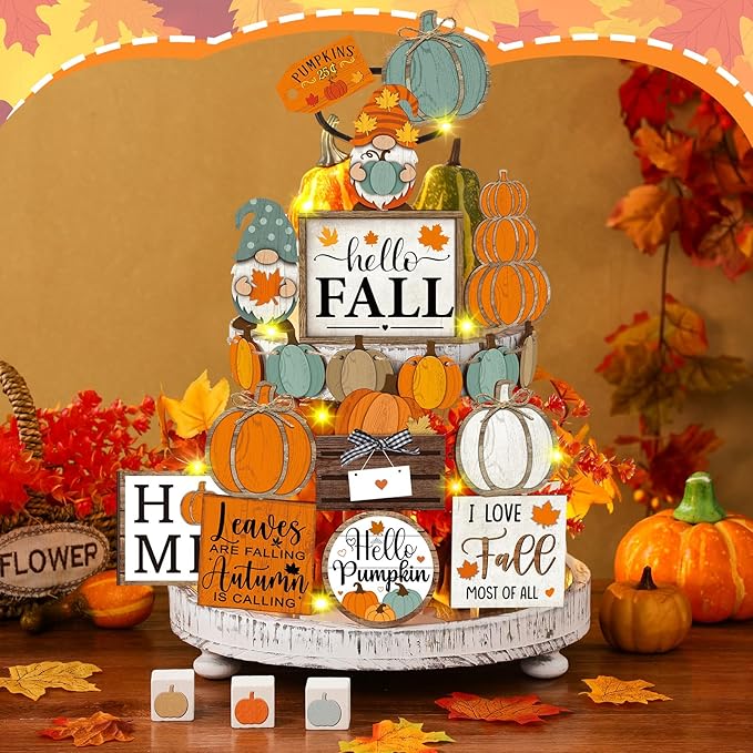21 Pcs Fall Tiered Tray Decoration Set Thanksgiving Table Sign Pumpkins Farmhouse Decor Gnome Maple Leaves Centerpieces Harvest Wood Blocks Signs Fall Block Tabletop for Autumn(Pumpkin)