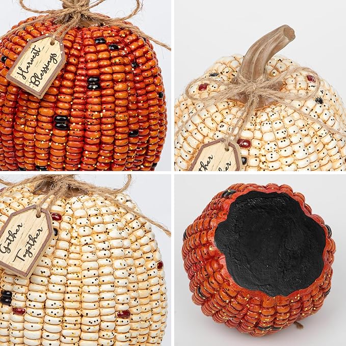 Briful Pumpkins Fall Decoration, 2PCS Decorative Corn Cob Pumpkins Resin Fake Pumpkins Autumn Home Rustic Decor for Thanksgiving Harvest Halloween Table Centerpiece Shelf Indoor Outdoor Porch Decor