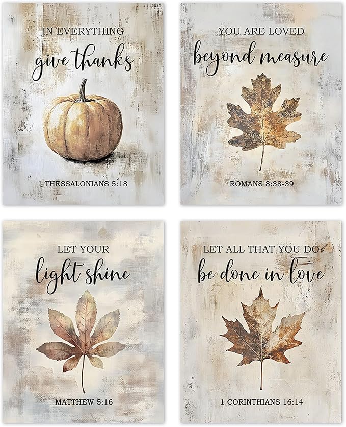 TLESKE Rustic Fall Christian Pumpkins Maple Leaves Posters Prints Unframed Set of 4 for Farmhouse Bedroom Living Room Kitchen, Vintage Autumn Wall Art Prints Decor, Thanksgiving Wall Pictures, 8x10