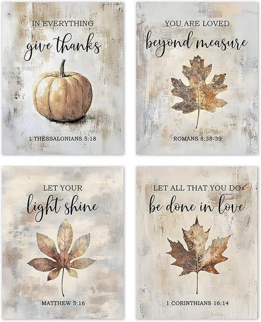 TLESKE Rustic Fall Christian Pumpkins Maple Leaves Posters Prints Unframed Set of 4 for Farmhouse Bedroom Living Room Kitchen, Vintage Autumn Wall Art Prints Decor, Thanksgiving Wall Pictures, 8x10