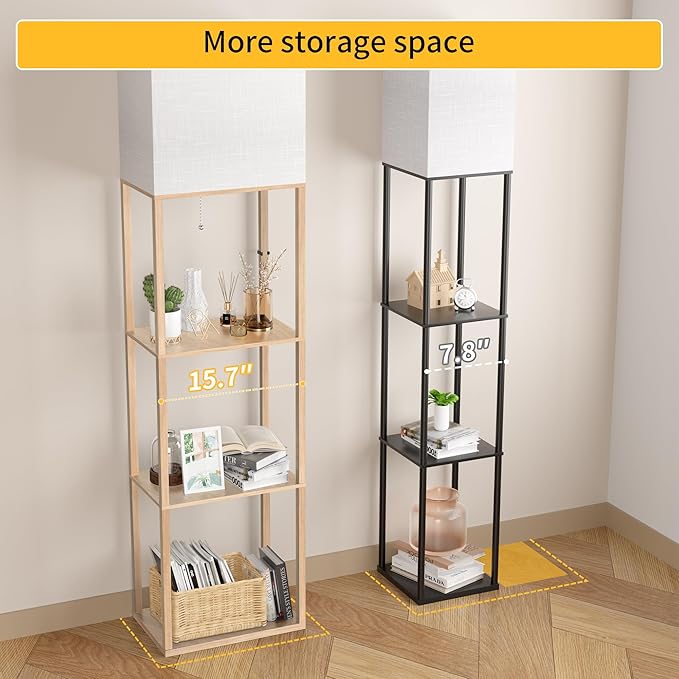 Dott Arts Floor Lamp with Shelves, Wide Floor Lamps for Living Room Display Shelf Lamps with 3 Color LED Bulb,Storage Wood Modern Floor Lamp for Bedroom Standing Lamp for Living Room Office（Burlywood）