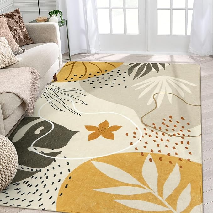Lahome Boho Living Room Rug - 4x6 Washable Non-Slip Soft Area Rug for Bedroom, Ultra-Thin Throw, Tan Botanical Print Indoor Modern Floral Carpet for Entryway, Office, Kitchen, Nursery