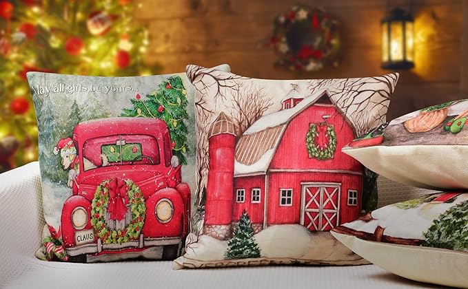 Hlonon Christmas Decorations Christmas Pillow Covers 16 x 16 Inches Set of 4 - Xmas Series Cushion Pillow Cover Custom Zippered Square Pillowcase