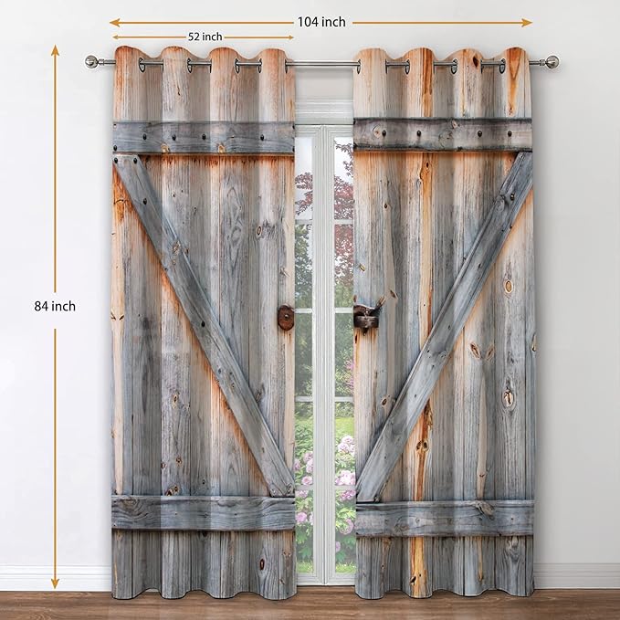 Jekeno Wood Barn Door Blackout Curtains Rustic Farmhouse Wooden Door in Retro Color Oak Board Countryside Village Rural Decor for Bedroom Living Room Grommet Window Drapes 2 Panel Set, 52"x84"