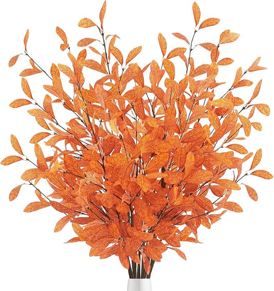 Uieke 18 Pcs Artificial Fall Eucalyptus Stems Fall Eucalyptus Leaves Plants Fall Decorations with Fall Leaves for Autumn Office Home Wedding Centerpiece Fall Florals Arrangement Decor (Orange)