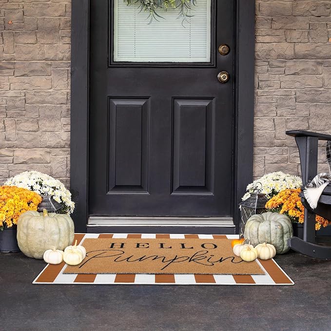 2 Pcs Door Mat Welcome Non Slip Coir Mats Floor Layering Doormats Seasonal for Front Porch Entryway Decor(Orange White)