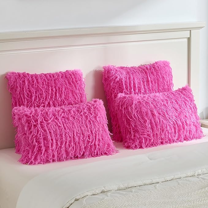 FUTEI Hot Pink Decorative Throw Pillow Covers 26x26 Inch Set of 2,Soft Fluffy Faux Feather Texture Euro Pillow Shams,Modern Home Luxury Decor for Couch Bed Living Room