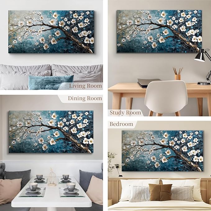 crmotu Teal Tree Wall Art, Plum Blossom Extra Large Artwork, Chinoiserie Floral Canvas Botanical Prints, Blue Plant Modern Wall Pictures for Living Room Bedroom Office Farmhouse Cottage 30X60 Inches
