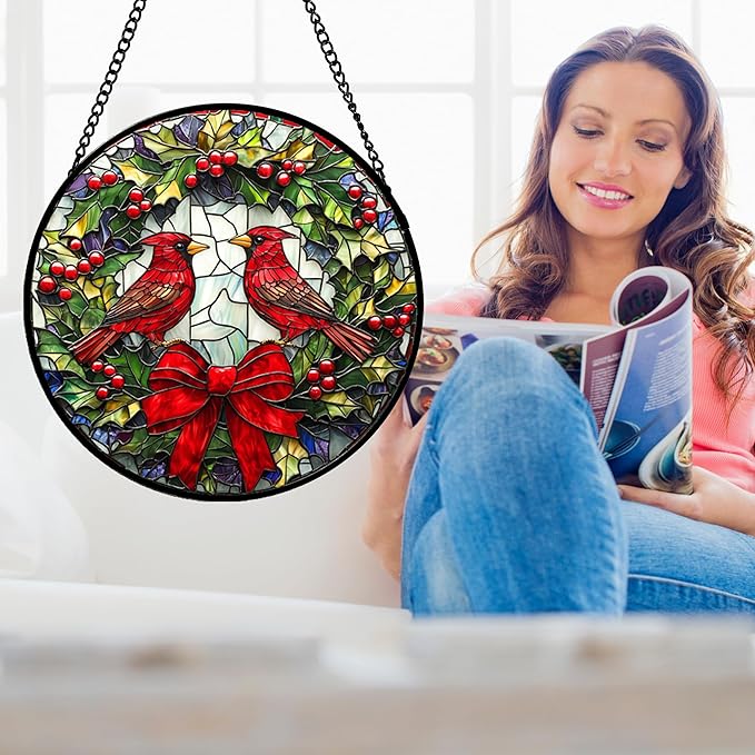 Stained Glass Window Hanging - Cardinals Green Wreath Suncatcher for Doors Home Christmas Decoration Red Bird Sun Catcher Thanksgiving New Year Birthday Gift for Women Men Mom Nana 14.9 in
