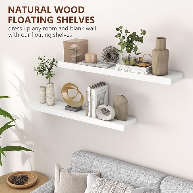 fuqing 36 Inch White Floating Shelves for Wall, Solid Wood White Floating Shelves Set of 2, Lightweight Wood Wall Mounted Shelves for Bathroom Bedroom Living Room Kitchen