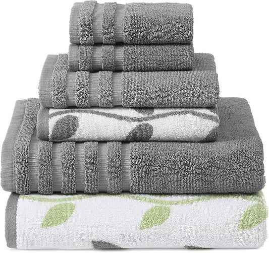 Modern Threads Organic Vines 6-Piece 100% Cotton Towel Set – Yarn Dyed Jacquard & Solid – Includes 2 Bath Towels, 2 Hand Towels, 2 Washcloths – Absorbent, Quick Dry, Soft & Durable – Gray