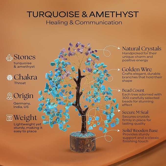 Turquoise & Amethyst Gemstone Tree with 2 Chakra Pendants, Crystal Tree, Birthday Gifts for Women, Fake Plants Home Decor, Crystals and Healing Stones, Office Desk Accessories, Room Decor 10-12"