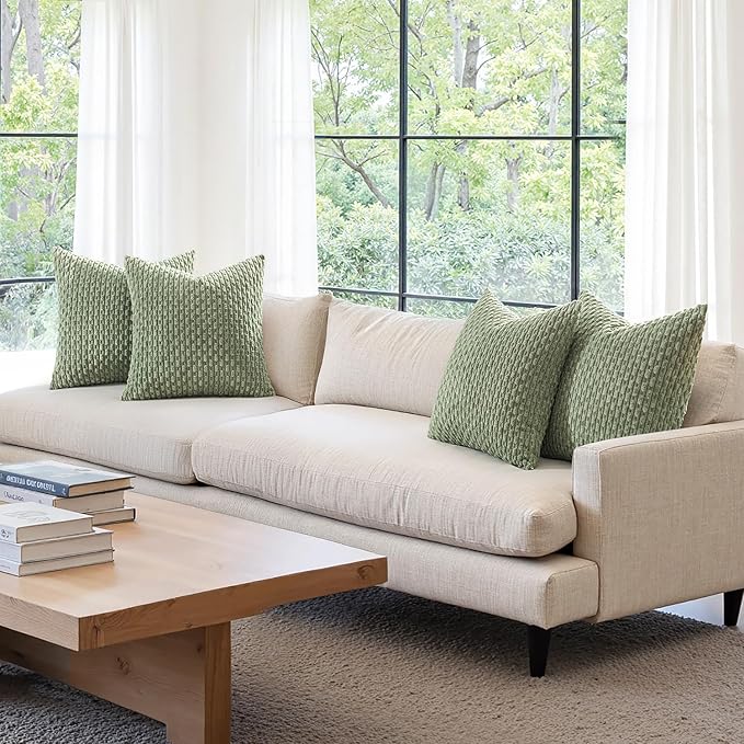 MIULEE Throw Pillow Covers Soft Couch Decorative Set of 4 Boho Striped Cushion Covers Corduroy Pillowcases Farmhouse Home Decor for Couch Bed Sofa Living Room 18x18 Inch Sage Green