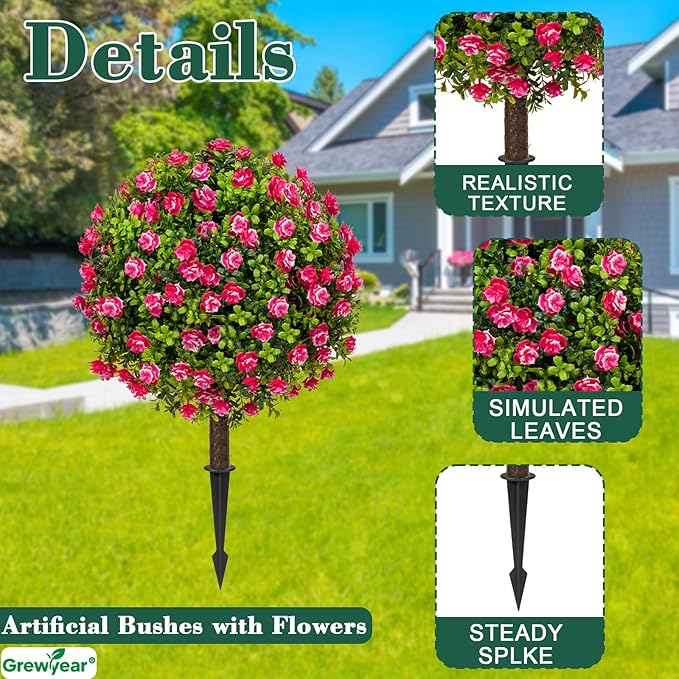 Artificial Red Rose Topiary Ball Trees with Ground Spike Set of 2, Faux Boxwoods for Outdoor Planters, UV Resistant Artificial Outdoor Plants for Porch, Fake Bushes Round Shrub