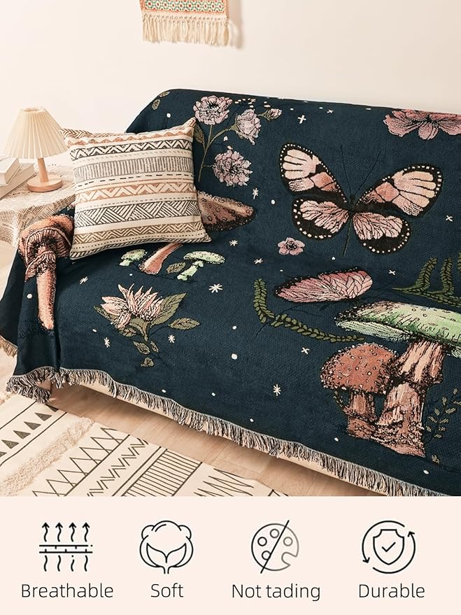 Boho Throw Blanket for Bed Couch Sofa Reversible Cotton Bohemian Travel Boho Quilt Mexican Muslin Blanket Tapestry Hippie Room Decor Outdoor Blanket Double Sided (Mushroom 60"x80")