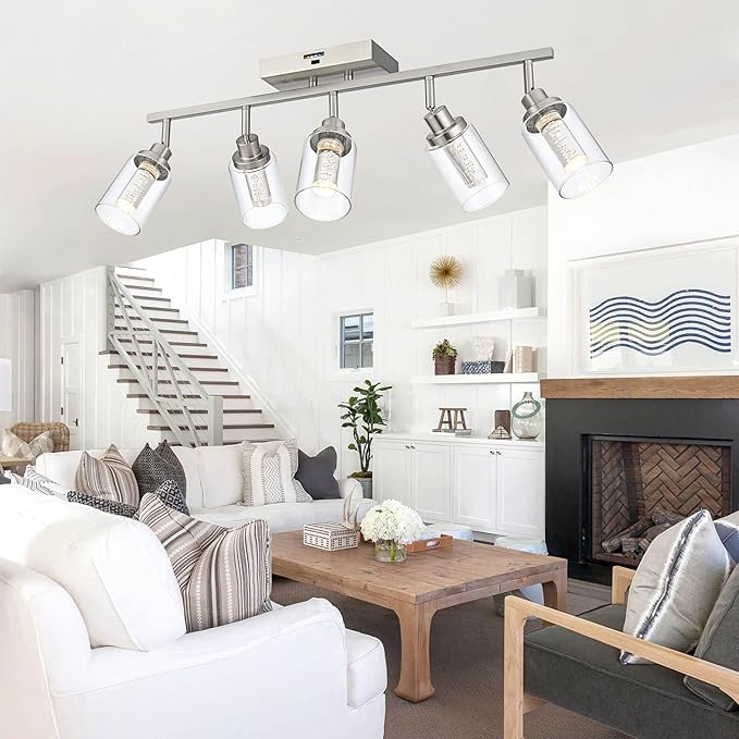 MELUCEE LED 5 Light Track Lighting Kit, Brushed Nickel Ceiling Spotlights Vanity Lights Modern Track Light Fixture with Flexibly Rotatable Heads, Built-in LED Chips, 5-Color Temperature Adjustable