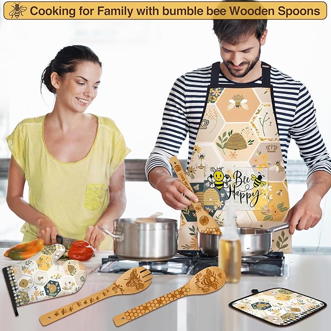 8PCS Bumble Bee Bamboo Cooking Utensil Spoon with Apron Oven Mitt Potholder for Kitchen Decor,Honey Bee Themed Gifts for Women,Kitchen Pot Holder Sets for Housewarming,Birthday