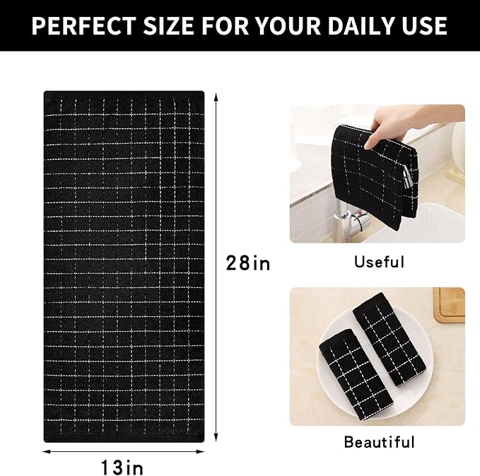 Homaxy 100% Cotton Terry Kitchen Towels(Black, 13 x 28 inches), Checkered Designed, Soft and Super Absorbent Dish Towels, 8 Pack